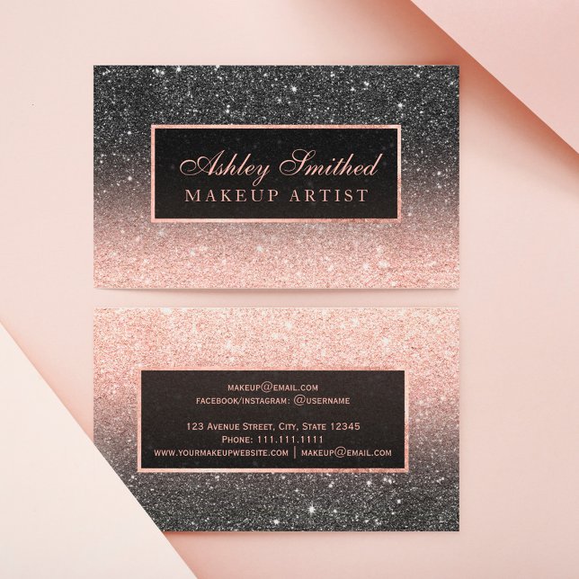 Modern black rose gold glitter chic ombre makeup business card (Creator Uploaded)