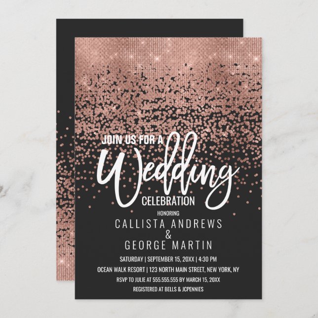 Modern Black Rose Gold Glitter Confetti Wedding Invitation (Front/Back)