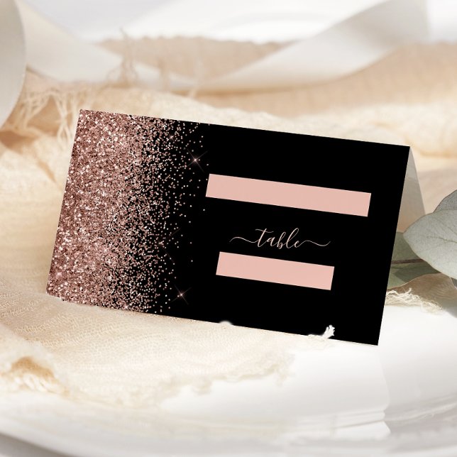 Modern Black Rose Gold Glitter Edge Wedding Place Card (Creator Uploaded)