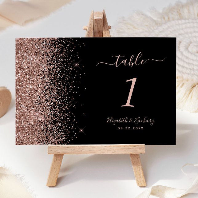 Modern Black Rose Gold Glitter Edge Wedding Table Number (Creator Uploaded)