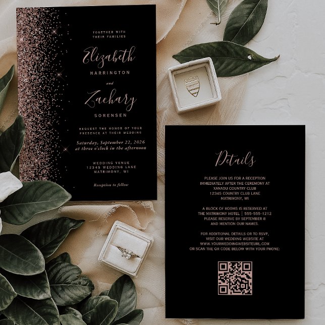 Modern Black Rose Gold Glitter QR Code Wedding Invitation (Creator Uploaded)