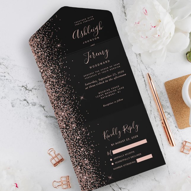 Modern Black Rose Gold Glitter Wedding All In One Invitation (Creator Uploaded)