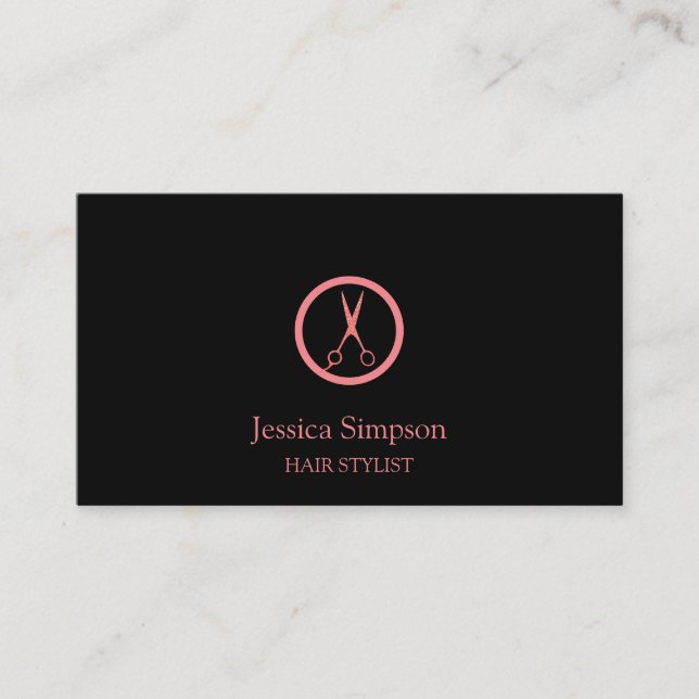 Modern Black & Rose Gold Hair Stylist Hair Salon Business Card (Front)