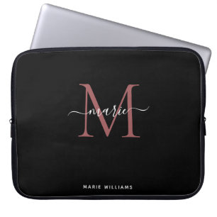 Modern Black Rose Monogram Script Name Initial Laptop Sleeve