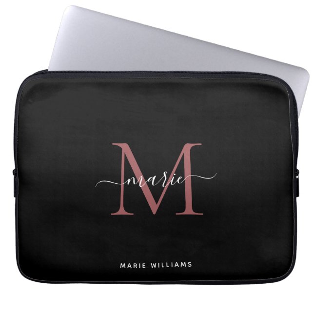 Modern Black Rose Monogram Script Name Initial Laptop Sleeve (Front)