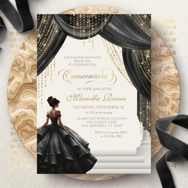 Modern Black Royal Fairytale Quinceanera Invitation (Creator Uploaded)