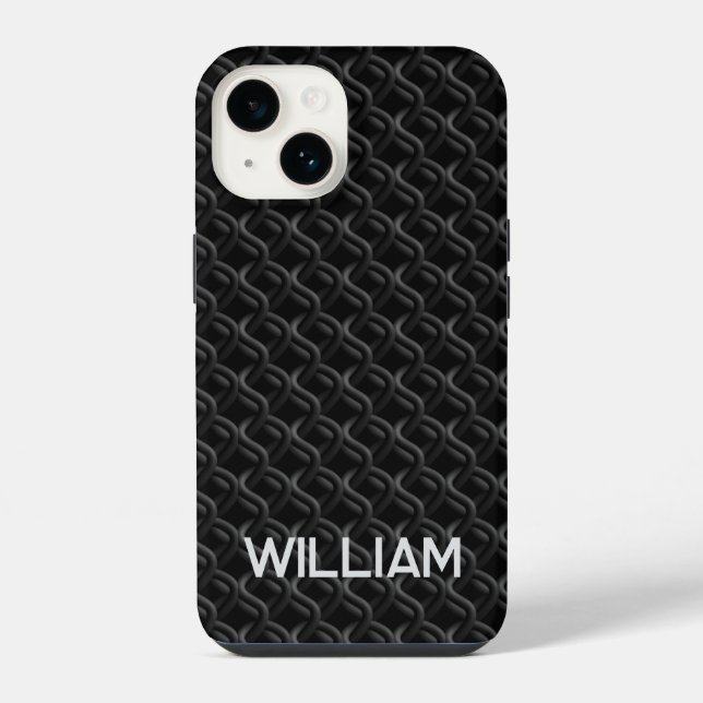 Modern Black Rubber Lattice with Name iPhone Case (Back)