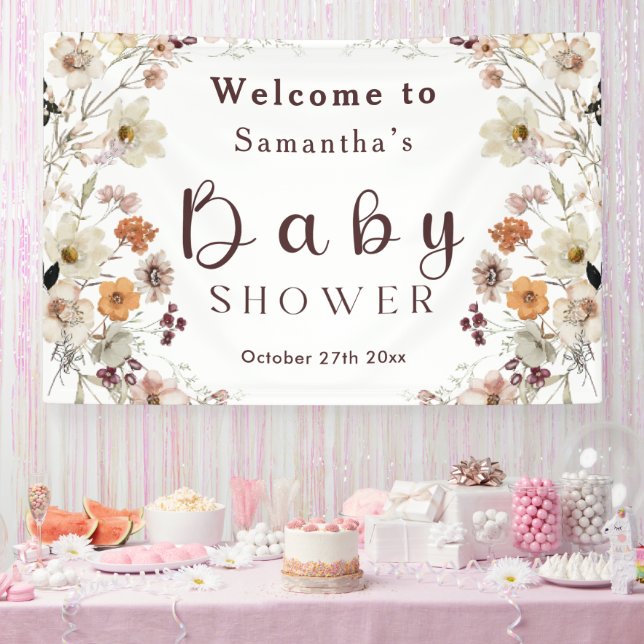 Modern Black Rustic Boho Wildflower Baby Shower Banner (Party)