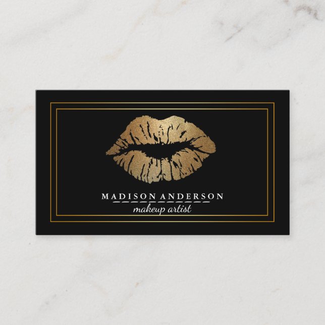 Modern Black Salon Gold Lips Makeup Artis Business Card (Front)
