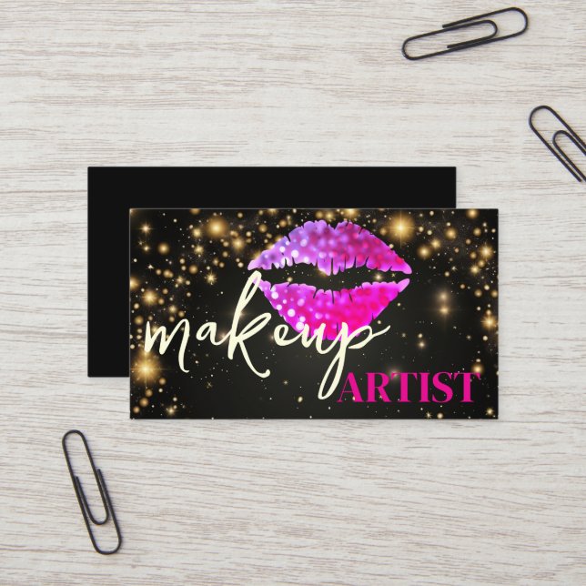 Modern Black Salon Pink Lips Makeup Artist Business Card (Front/Back In Situ)