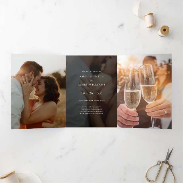 Modern black Save The Date Photo Typography Tri-Fold Invitation (Inside)