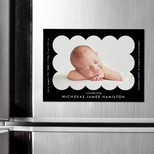 Modern Black Scalloped Photo Birth Announcement