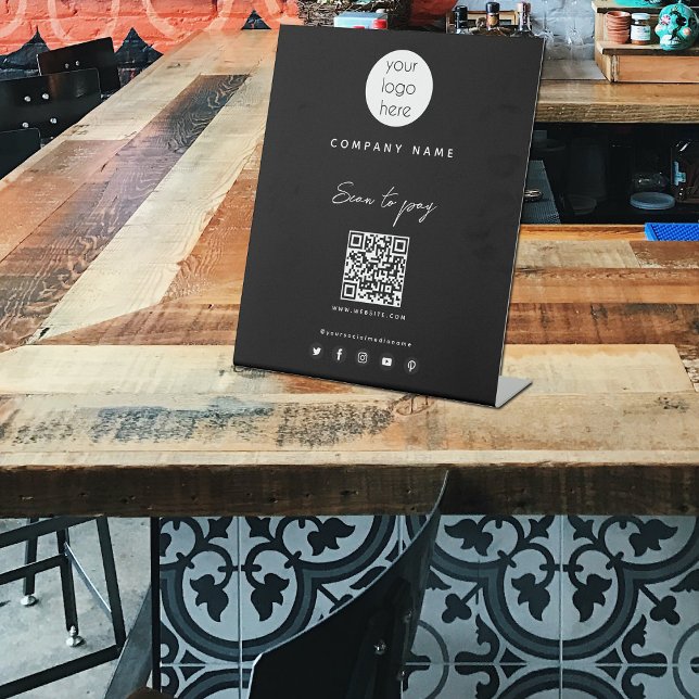 Modern Black Scan to Pay QR Code Social Media   Pedestal Sign (Creator Uploaded)