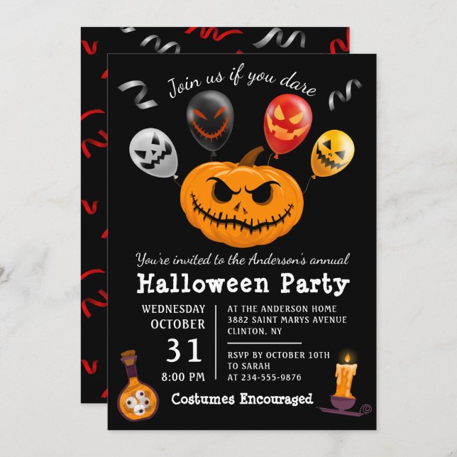 Modern Black Scary Pumpkin Balloon Halloween Party Invitation (Front/Back)