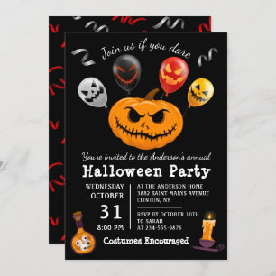 Modern Black Scary Pumpkin Balloon Halloween Party Invitation