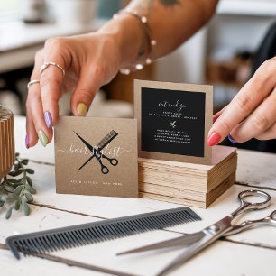 Modern black scissors branding hair stylist kraft square business card