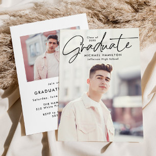Modern Black Script 2 Photo Graduation Party Invitation