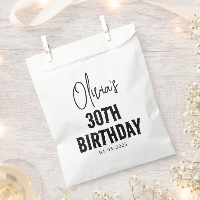 Modern Black Script 30th Birthday Chic & Minimalis Favour Bag (Clipped)