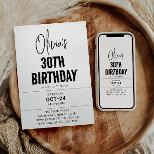 Modern Black Script 30th Birthday Chic & Minimalis Invitation