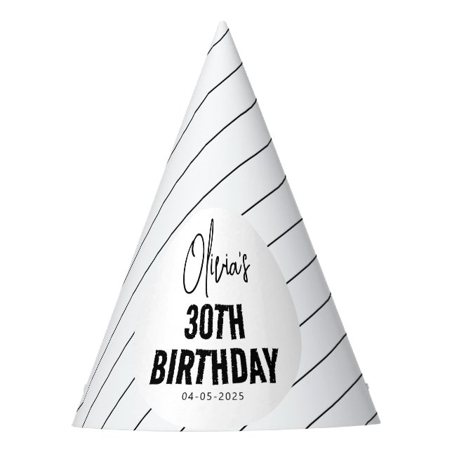 Modern Black Script 30th Birthday Chic & Minimalis Party Hat (Front)