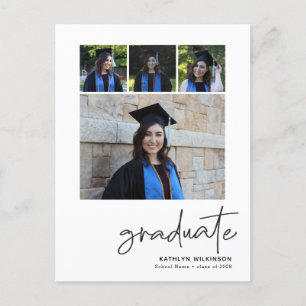 Modern Black Script 4 Photo Collage Graduation  Announcement Postcard