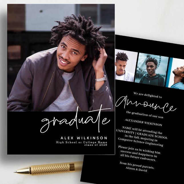 Modern Black Script 4 Photo Simple Graduation Announcement (Creator Uploaded)