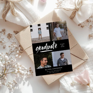 Modern black script 4 photo stylish graduation invitation