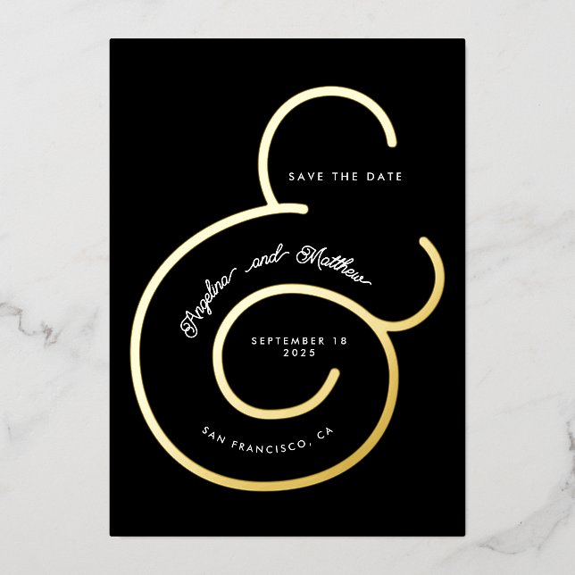 Modern Black Script Ampersand Wedding Save Date (Front)