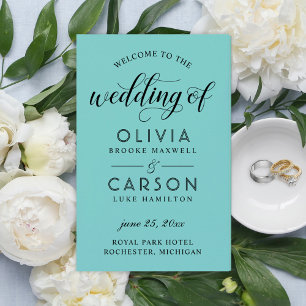 Modern Black Script Aqua Blue Wedding Programs