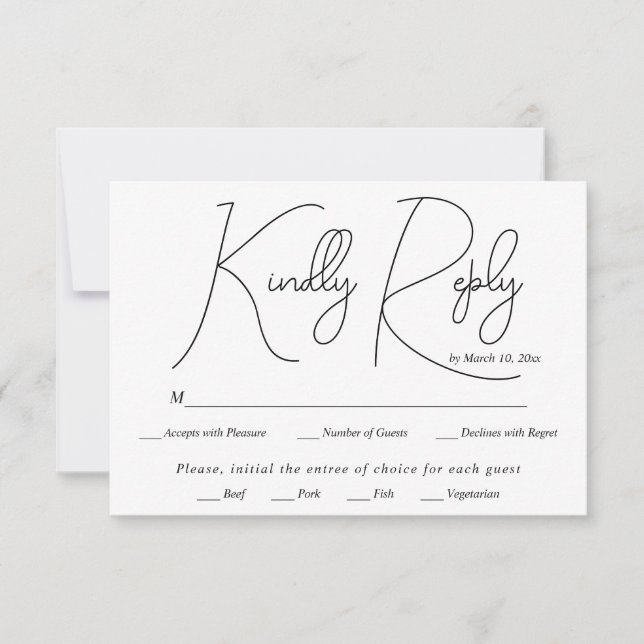 Modern black script calligraphy white wedding RSVP card (Front)