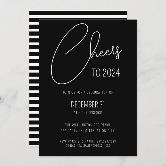 Modern Black Script Cheers New Years Eve Party Invitation (Front/Back)
