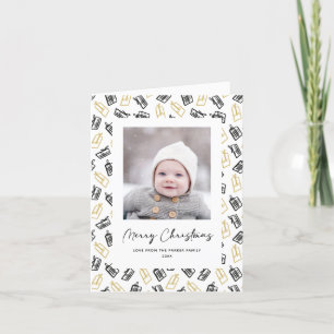 Modern Black Script Cute Gold Black Gifts Pattern Holiday Card