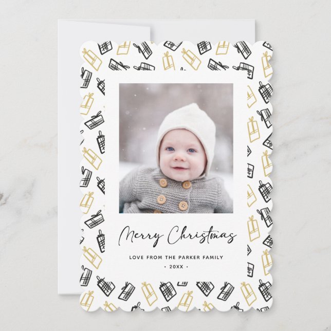 Modern Black Script Cute Gold Black Gifts Pattern  Holiday Card (Front)