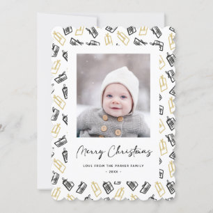 Modern Black Script Cute Gold Black Gifts Pattern Holiday Card