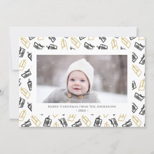 Modern Black Script Cute Gold Black Gifts Pattern  Holiday Card