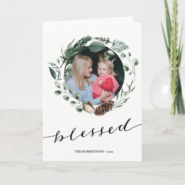 Modern Black Script Elegant Eucalyptus Foliage Holiday Card (Front)