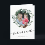 Modern Black Script Elegant Eucalyptus Foliage Holiday Card<br><div class="desc">Send holiday wishes and greetings to friends, colleagues and family in simple, cute, chic, elegant and modern photo design festive, natural nature colour style folded holiday cards! A beautiful wreath frame of assorted soft green painted watercolor leaves ( pine tree, eucalyptus, fern ) featuring pretty brown pine cones and ivory...</div>