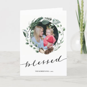 Modern Black Script Elegant Eucalyptus Foliage Holiday Card