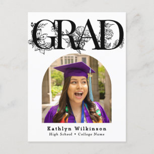 Modern Black Script Floral Graduation Announcement Postcard