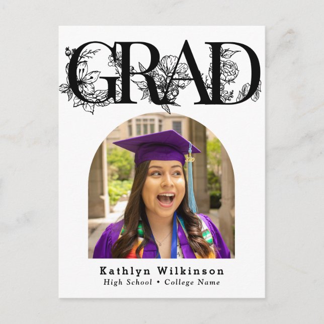 Modern Black Script Floral Graduation Invitation Postcard (Front)