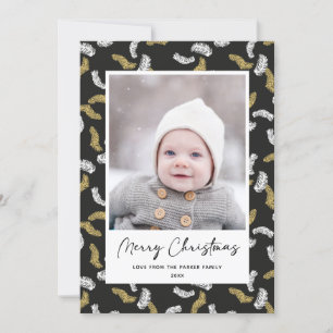 Modern Black Script Gold Pine Mistletoe Christmas Holiday Card