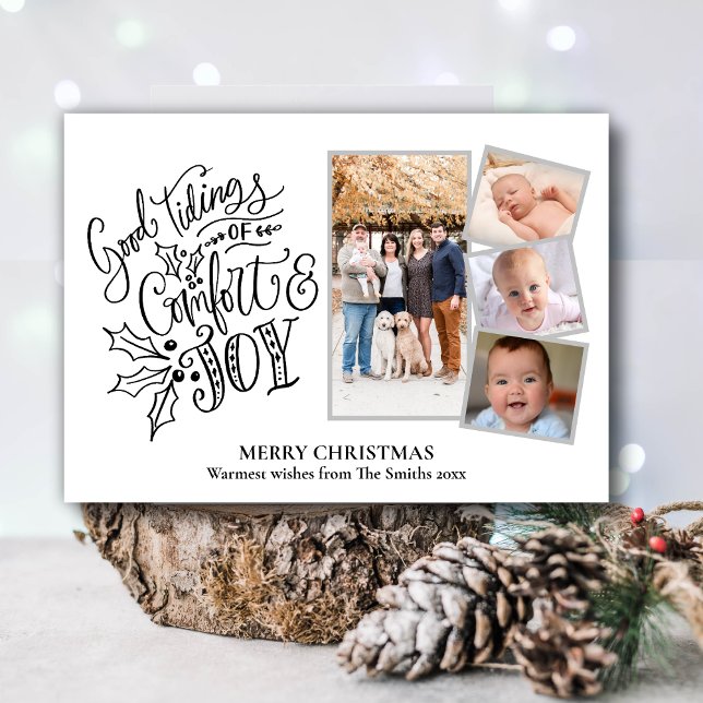 Modern Black Script Good Tidings of Comfort & Joy Holiday Card (Creator Uploaded)