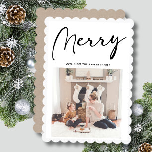 Modern Black Script MERRY Chic Minimalist Holiday Card