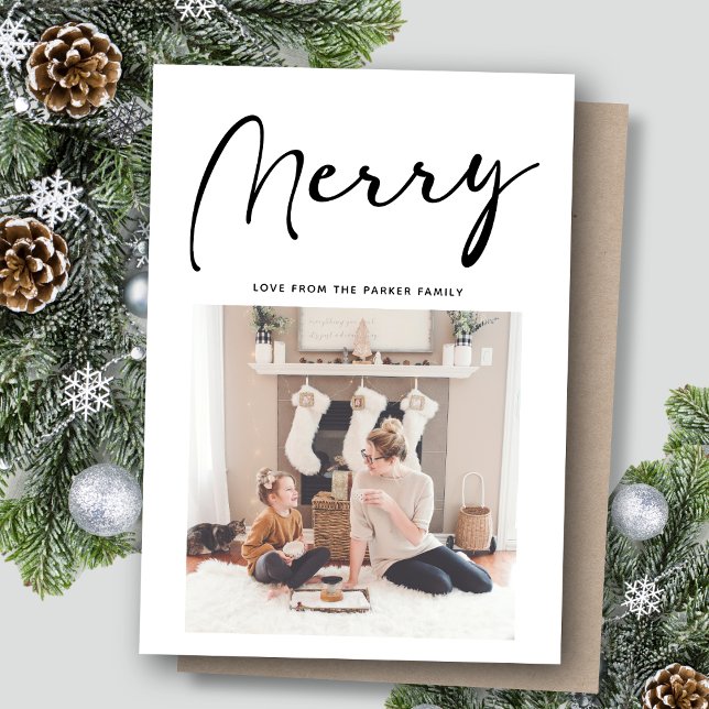 Modern Black Script MERRY Chic Minimalist  Holiday Card (Creator Uploaded)