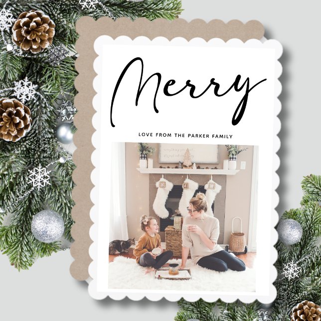 Modern Black Script MERRY Chic Minimalist  Holiday Card (Creator Uploaded)