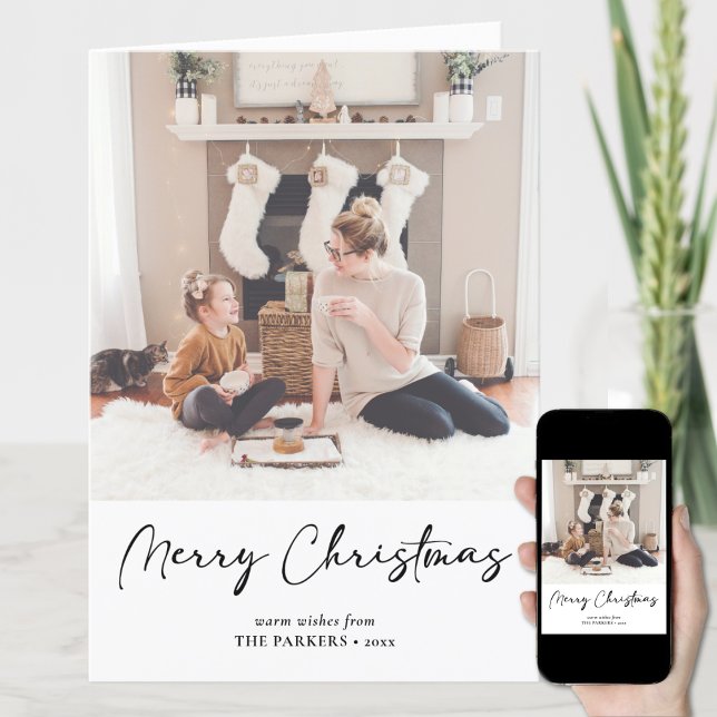 Modern Black Script on Beige Minimalist Photo Holiday Card (Creator Uploaded)