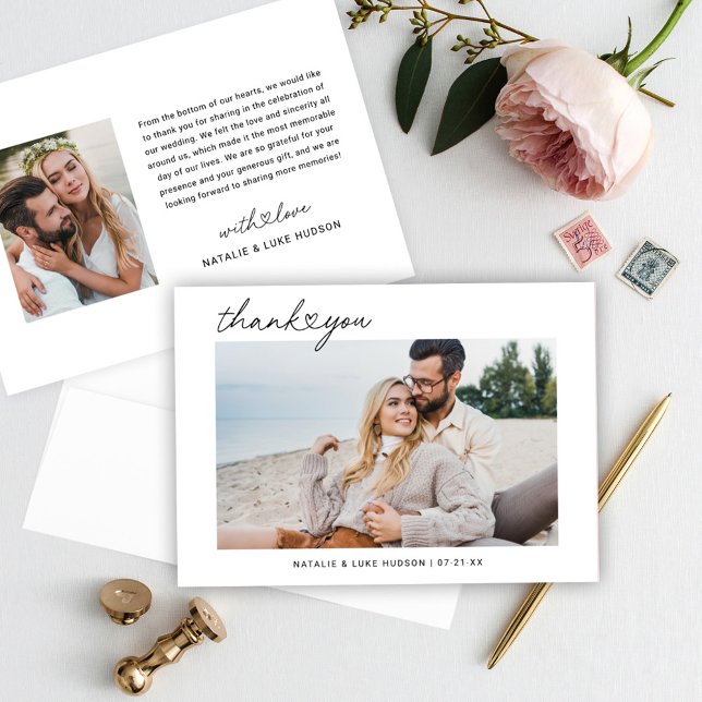 Modern Black Script Personalized Wedding Photo Thank You Card (Creator Uploaded)