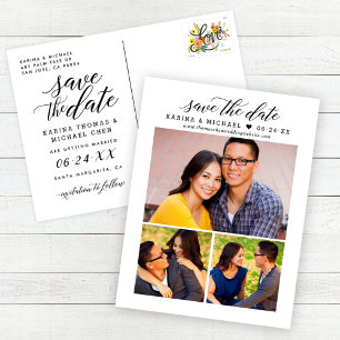 Modern Black Script Photo Collage Save the Date Announcement Postcard