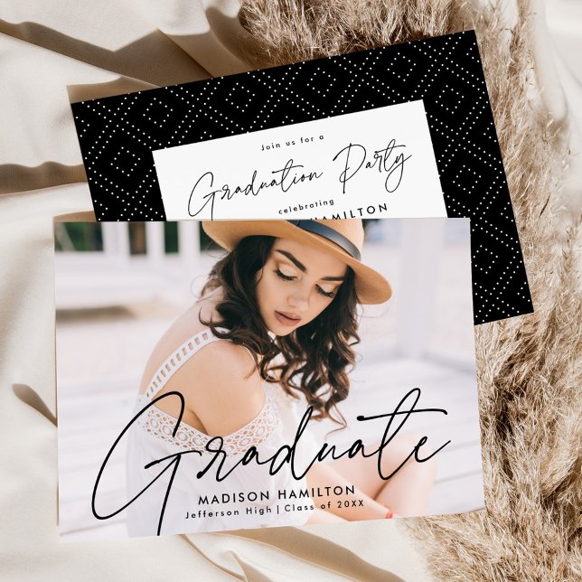 Modern Black Script Photo Graduation Party Invitation (Creator Uploaded)