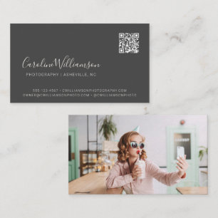 Modern Black Script Photo QR Code Minimal Trendy Business Card
